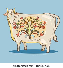 Cute cow with floral pattern, symbol of 2021. Vector illustration