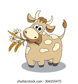 Cute cow with flowers. Cartoon illustration of animal character. Brilliant card for children