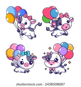 Cute cow flying with balloon set