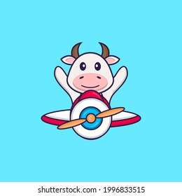 Cute cow flying on a plane. Animal cartoon concept isolated. Can used for t-shirt, greeting card, invitation card or mascot.