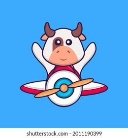 Una vaca linda volando en un avión. El concepto de caricatura animal aislado. Puede usarse para camisetas, tarjetas de felicitación, tarjetas de invitación o mascota.