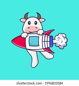 Cute cow flying on rocket. Animal cartoon concept isolated. Can used for t-shirt, greeting card, invitation card or mascot.