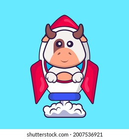 Cute cow flying on rocket. Animal cartoon concept isolated. Can used for t-shirt, greeting card, invitation card or mascot.