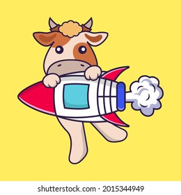 Cute cow flying on rocket.