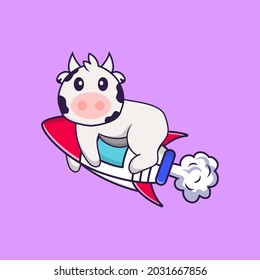 Cute cow flying on rocket. Animal cartoon concept isolated. Can used for t-shirt, greeting card, invitation card or mascot.