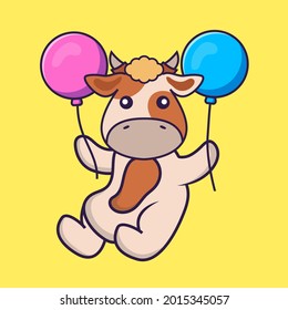 Cute cow flying with two balloons.