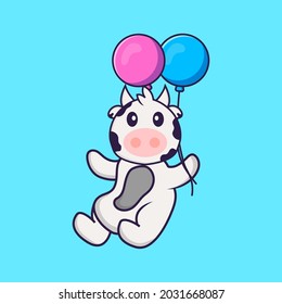 Cute cow flying with two balloons. Animal cartoon concept isolated. Can used for t-shirt, greeting card, invitation card or mascot.