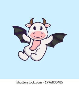 Cute cow is flying with wings. Animal cartoon concept isolated. Can used for t-shirt, greeting card, invitation card or mascot.