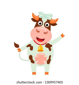 Cute cow with a funny face and a bell. funny character in cartoon style. flat vector illustration isolated on white backgroun