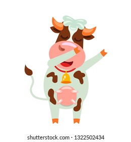 A cute cow with a funny face and a bell dances modern dance. funny character in cartoon style. flat vector illustration on white background
