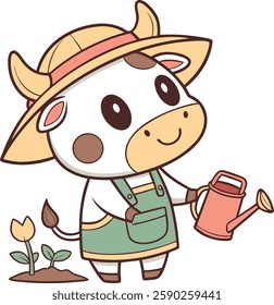 Cute Cow Gardener Cartoon Character illustrations isolated on a White Background