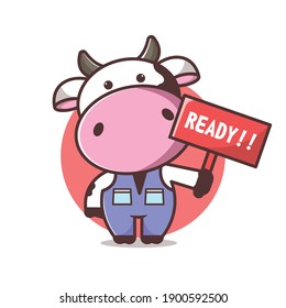 cute cow giving ready emblem on red board, cartoon, vector eps 10