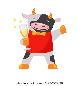 Cute cow with a glass of wine. Vector illustration. Flat style. Isolated on a white background.