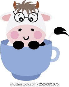 Cute cow with glasses inside a cup
