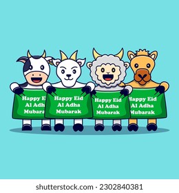 Cute Cow, Goat, Sheep and Camel holding a banner congratulating Eid al adha Vector Illustration.Cute animal character cartoon style