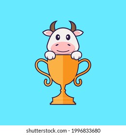 Cute cow with gold trophy. Animal cartoon concept isolated. Can used for t-shirt, greeting card, invitation card or mascot.
