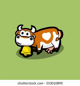 cute cow with a golden bell around on neck on a green meadow. Red cow with a white spot in the form of heart on the side. Illustration Vector