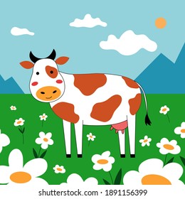A cute cow grazes in a meadow with daisies. In the background are mountains and a blue sky with white clouds. Vector rural landscape with funny dairy cow in cartoon design.