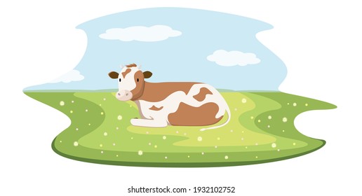 Cute cow grazing in a green meadow with flowers. Blue sky, village.