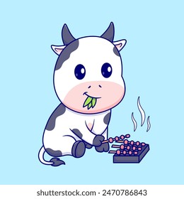 Cute Cow Grilling Satay Cartoon Vector Icon Illustration