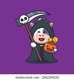 cute cow grim reaper holding halloween pumpkin