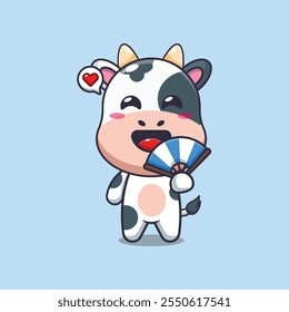 Cute cow with hand fan cartoon vector illustration. vector cartoon illustration suitable for poster, brochure, web, mascot, sticker, logo and icon.