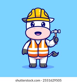 Cute Cow Handyman Holding Hammer Cartoon Vector Icon 
Illustration. Animal Profession Icon Concept Isolated Premium 
Vector. Flat Cartoon Style 