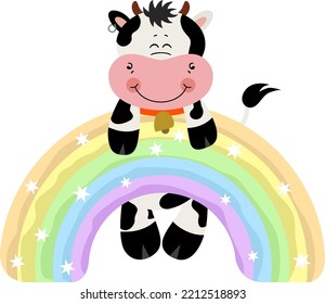 Cute Cow Hanging On Magic Rainbow
