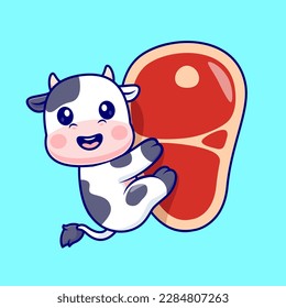 Cute Cow Hanging On Meat Steak With Headphone Cartoon Vector Icon Illustration. Animal Food Icon Concept Isolated Premium Vector. Flat Cartoon Style