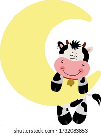 Cute Cow Hanging On Moon In Sky
