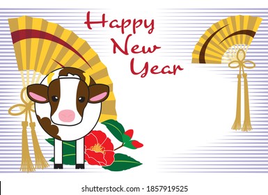 Cute Cow Happy New Year Greeting Card with Japanese Traditional Fun, Camellia Japonica Flowers, True Lover's Knot