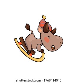 Cute cow in hat on sledge. 2021 Year Lunar Zodiac Animal. Chinese New Year of Ox. Cow vector illustration on white background. Friendly bull mascot. Domestic farm animal icon. Joyful ox ride sleight