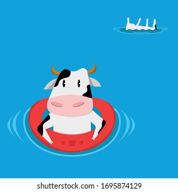 cute cow having fun swimming character