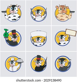 Cute Cow Head Circle Label set, Yellow Colors Background, Cartoon, Mascot, Animals, Character, Vector and Illustration.