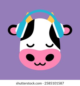 Cute cow in headphones. Baby cow listening to music with closed eyes. Cute cartoon character. Vector illustration