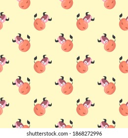 Cute cow heads seamless pattern on light yellow background.