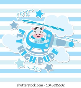 Cute cow as helicopter pilot vector cartoon illustration for Kid t-shirt background design, postcard, and wallpaper
