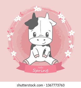 Cute cow hello spring cartoon hand drawn vecter illustration. Use for greeting and invitation card.