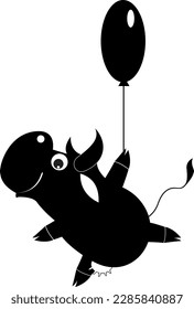 Cute cow holding an air balloon. 
Smiling cow walking with an air balloon. Black and white
