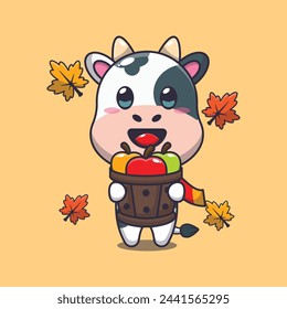 Cute cow holding a apple in wood bucket. Mascot cartoon vector illustration suitable for poster, brochure, web, mascot, sticker, logo and icon.