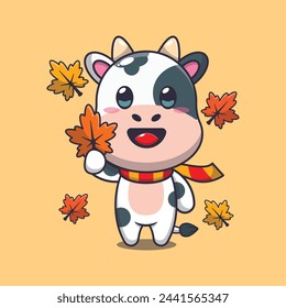 Cute cow holding autumn leaf. Mascot cartoon vector illustration suitable for poster, brochure, web, mascot, sticker, logo and icon.