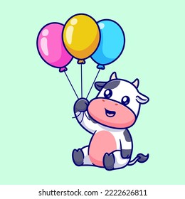 Cute Cow Holding Balloon Cartoon Vector Icon Illustration. Animal Nature Icon Concept Isolated Premium Vector. Flat Cartoon Style