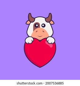 Cute cow holding a big red heart. Animal cartoon concept isolated. Can used for t-shirt, greeting card, invitation card or mascot.