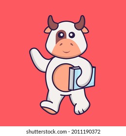 Cute cow holding a book. Animal cartoon concept isolated. Can used for t-shirt, greeting card, invitation card or mascot.
