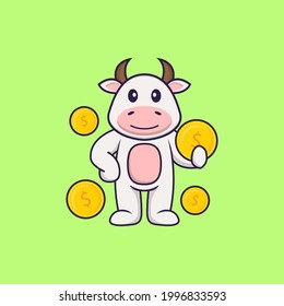Cute cow holding coin. Animal cartoon concept isolated. Can used for t-shirt, greeting card, invitation card or mascot.