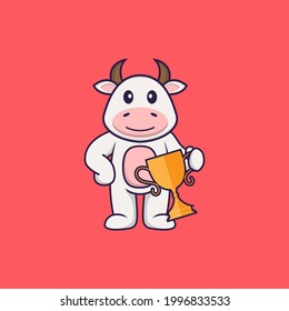 Cute cow holding gold trophy. Animal cartoon concept isolated. Can used for t-shirt, greeting card, invitation card or mascot.