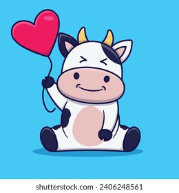 Cute Cow Holding Heart Balloon Vector Cartoon Illustration