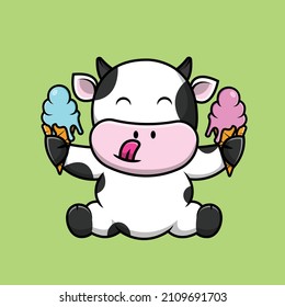 Cute Cow Holding Ice Cream Cone Planet Cartoon Vector Icon Illustration. Science Food Icon Concept Isolated Premium Vector. Flat Cartoon Style