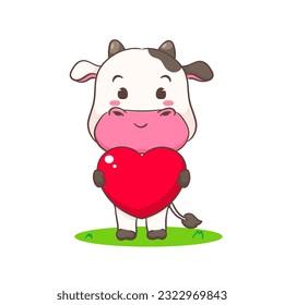 Cute cow holding love heart cartoon character. Adorable animal concept design. Isolated white background. Vector illustration
