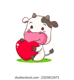 Cute cow holding love heart cartoon character. Adorable animal concept design. Isolated white background. Vector illustration